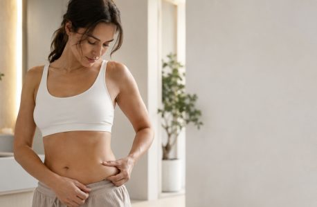 Mulher a avaliar gordura localizada na zona abdominal